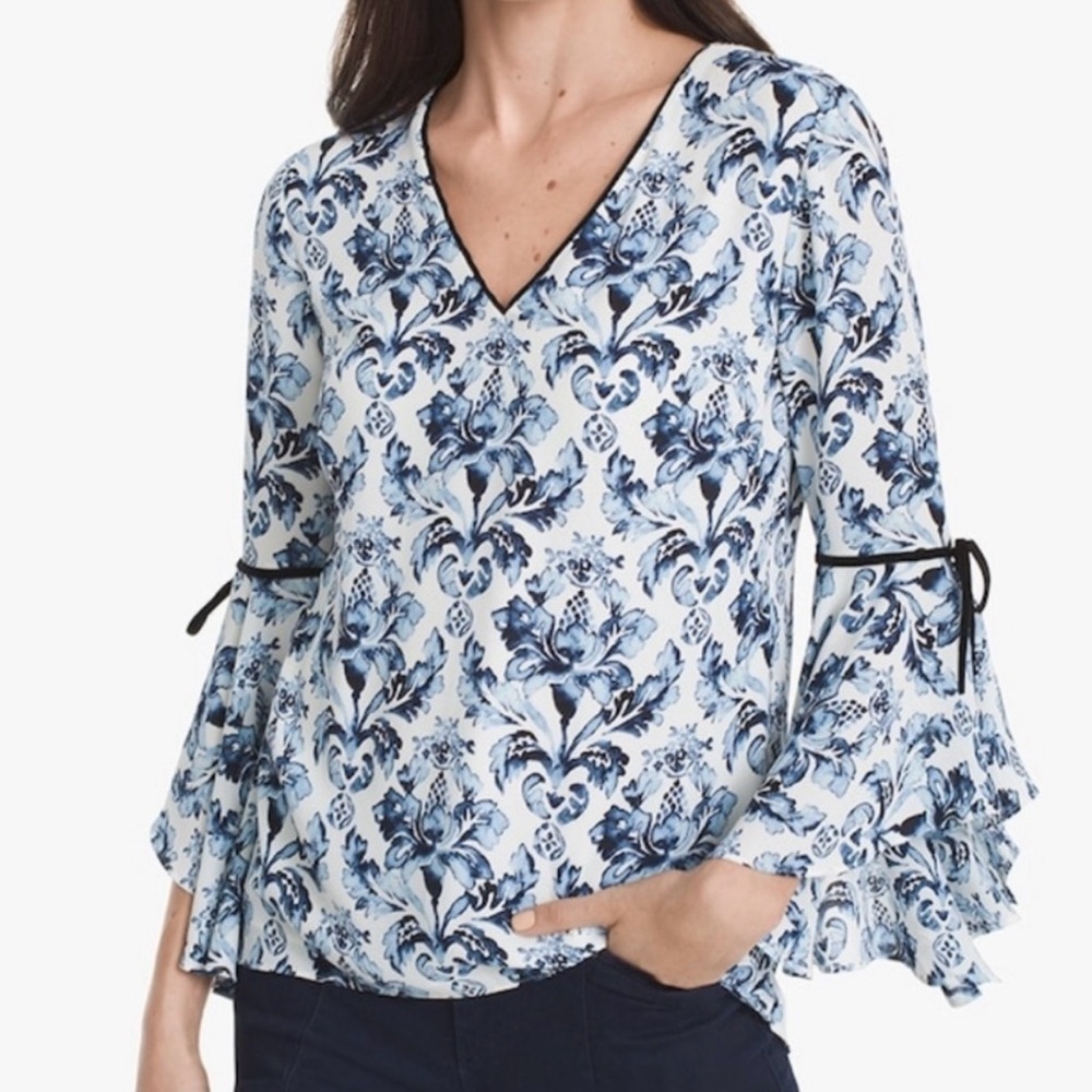 White House Black Market Floral Bell Sleeve Blouse Top 12